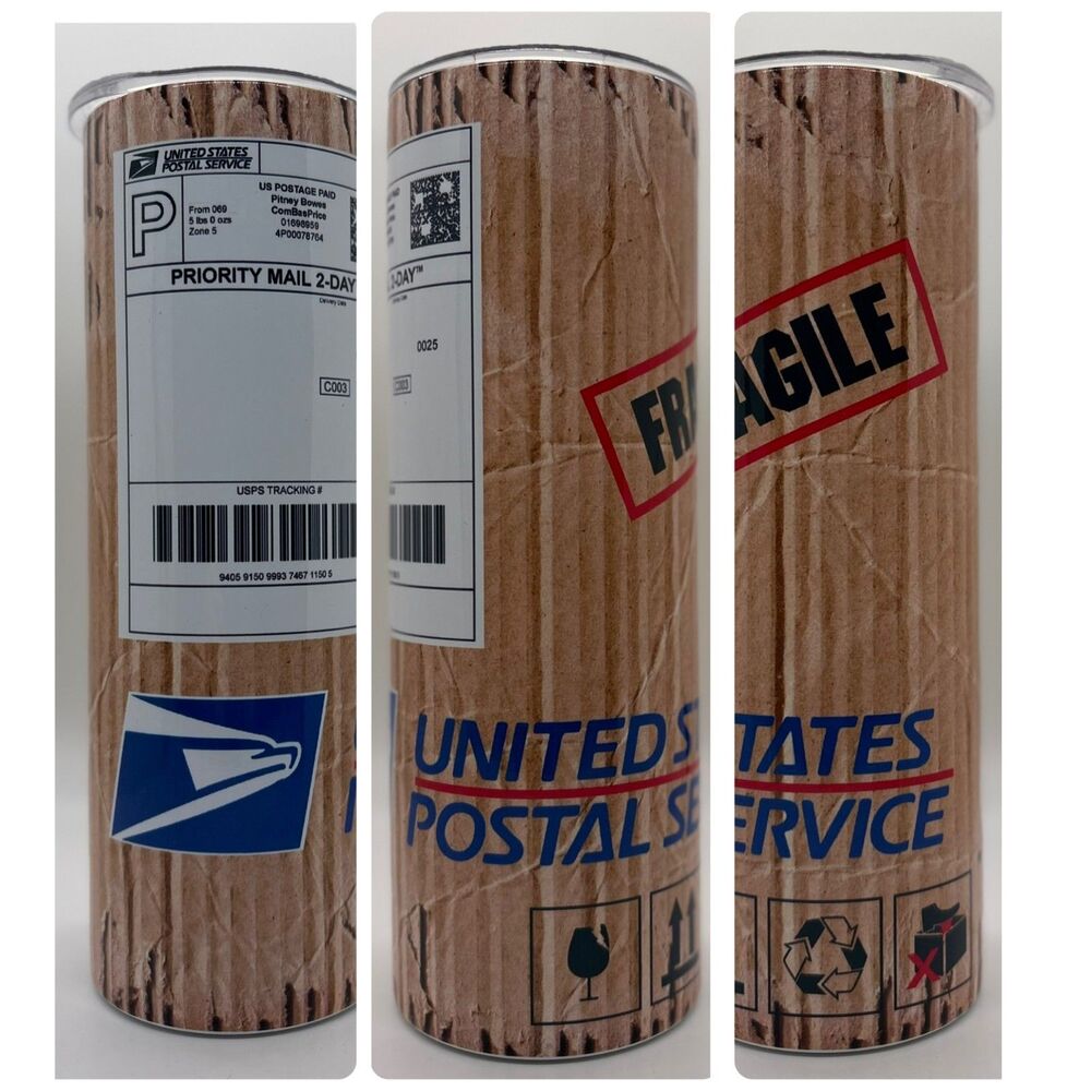 NEW "Postal-Fragile"  20 oz. Stainless Steel Tumbler w/Straw Set & Silicone Tip